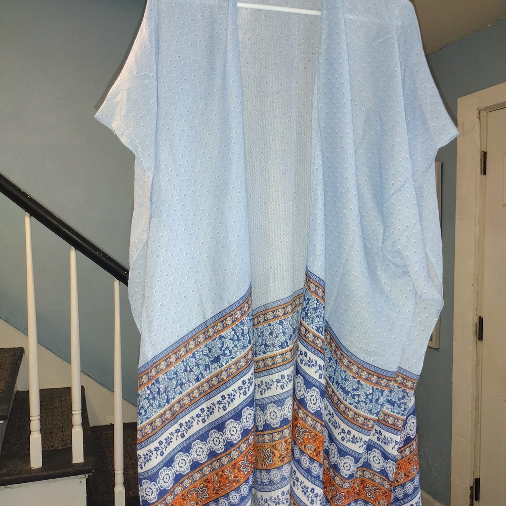 LVS Collections Light Blue Multicolor  Textured Kimono ONE Size
